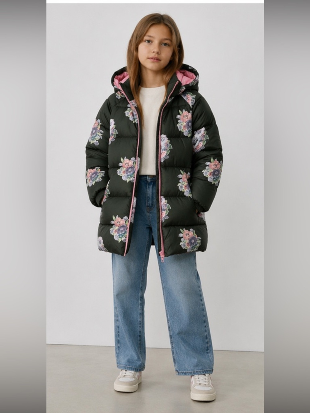 Stella McCartney Kids Floral Puffer Jacket Green/ Pink Sz 10 (Girl)